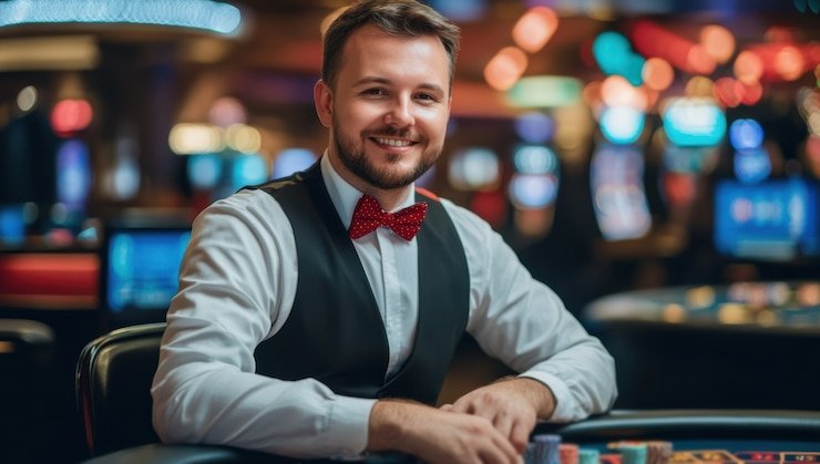 Studio live dealer rokokbet dengan meja blackjack dan baccarat berkualitas HD
